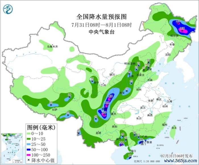 全国降水量预报图(7月31日08时-8月1日08时)图片来源：中央气象台网站