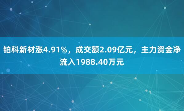 铂科新材涨4.91%,成交额2.09亿元,主力资金净流入1988.40万元