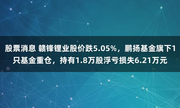 股票消息 赣锋锂业股价跌5.05%，鹏扬基金旗下1只基金重仓，持有1.8万股浮亏损失6.21万元